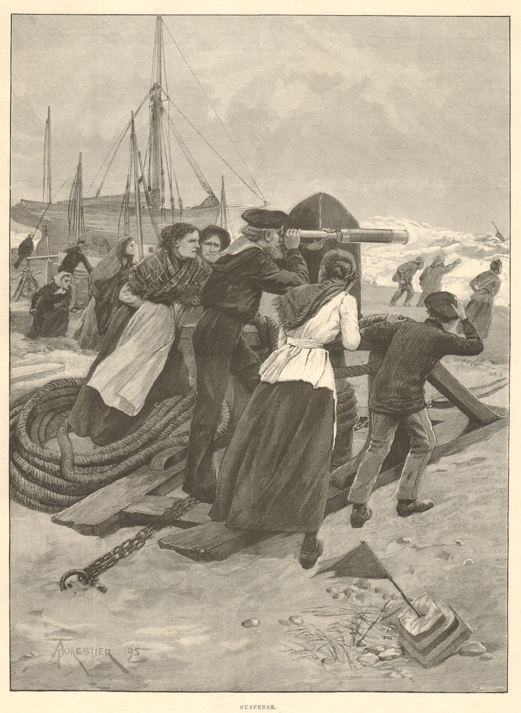 Suspense. Family. Waiting for Fishermen to return in a storm 1895 old print
